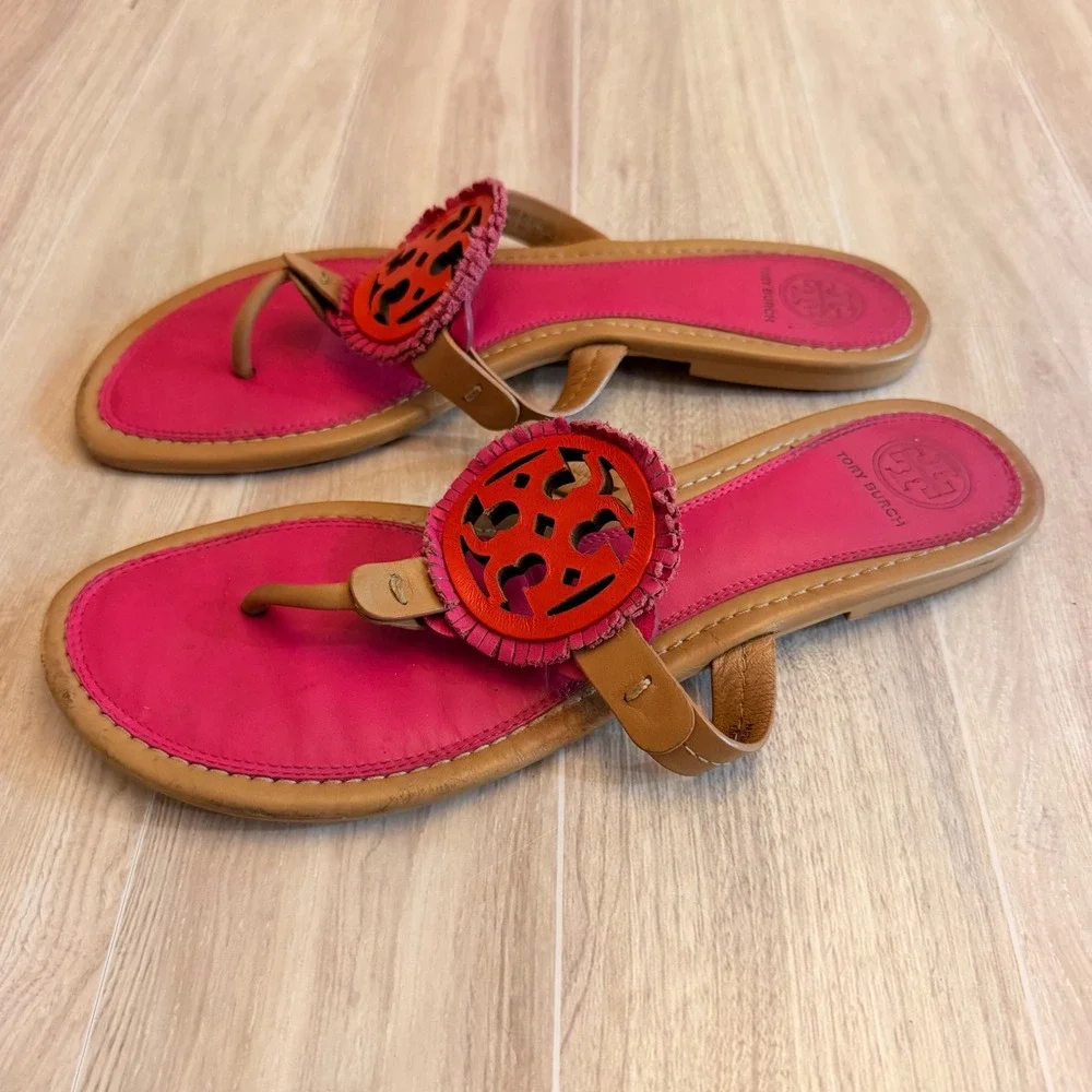 Tory Burch Miller Sandals Women 9M Pink Tan Good Fringe Logo Thong Flats